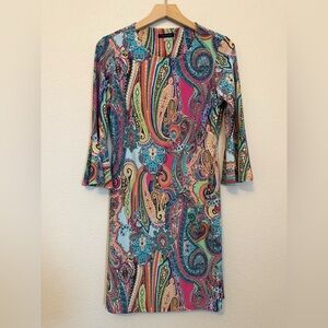 Tommy Hilfiger Size 4 Paisley Stretch Shift Dress 3/4 Bell Sleeve Retro Boho